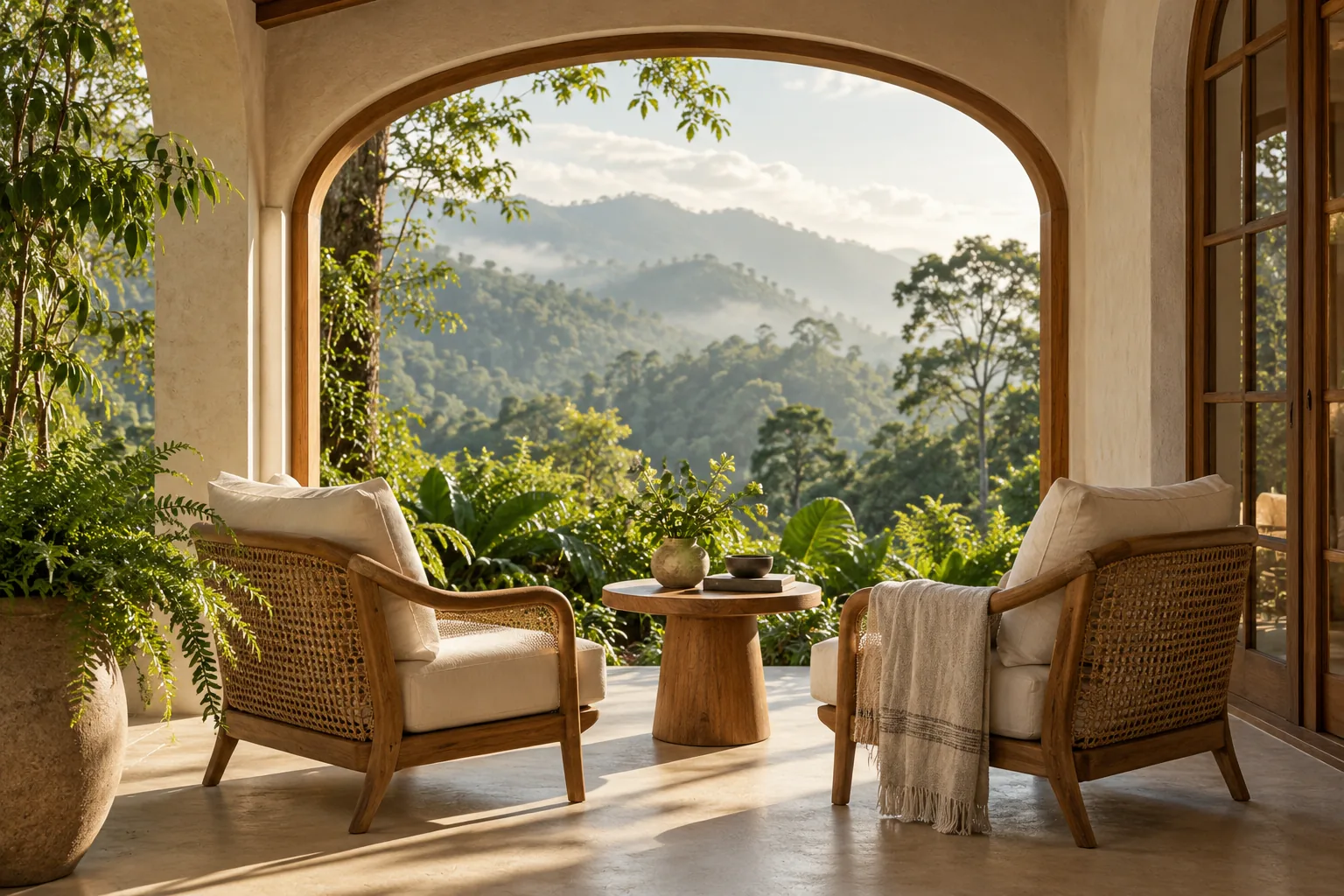 AI-generated terrace concept with cane seating, warm plaster, and a green outlook