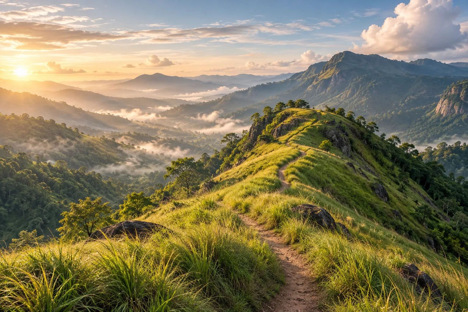 AI-generated mood study inspired by Little Adam’s Peak, with grassy ridges and a mountain valley