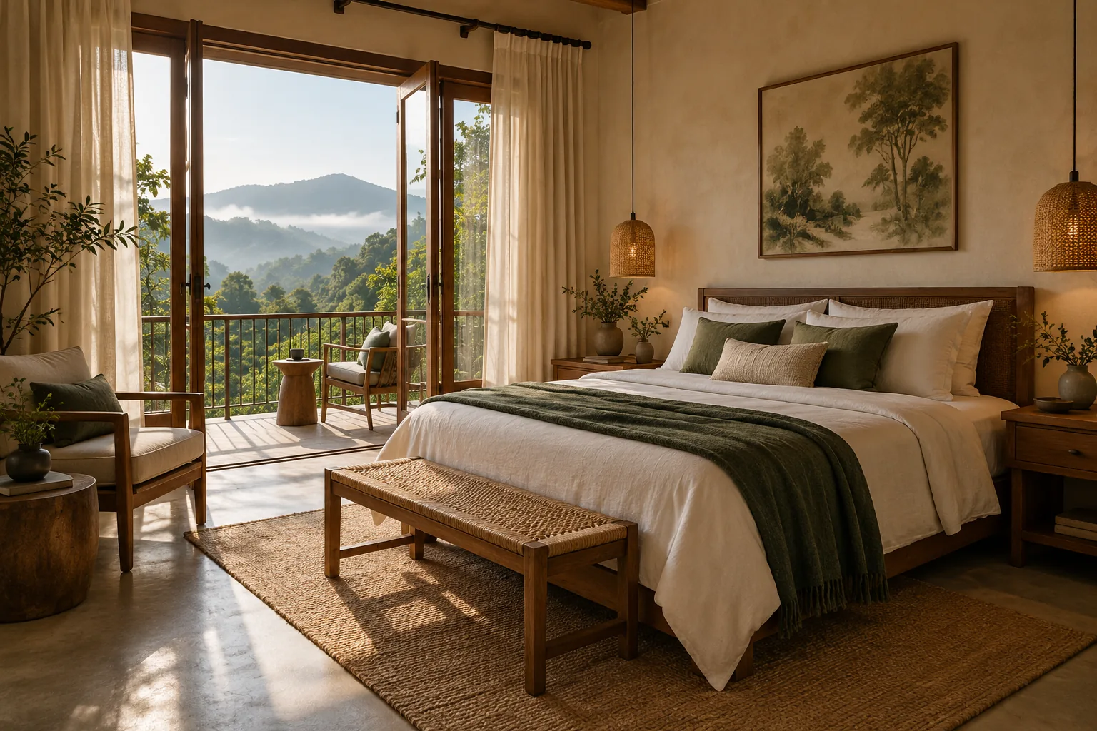 AI-generated suite concept with ivory linen, warm teak, and doors towards green hills