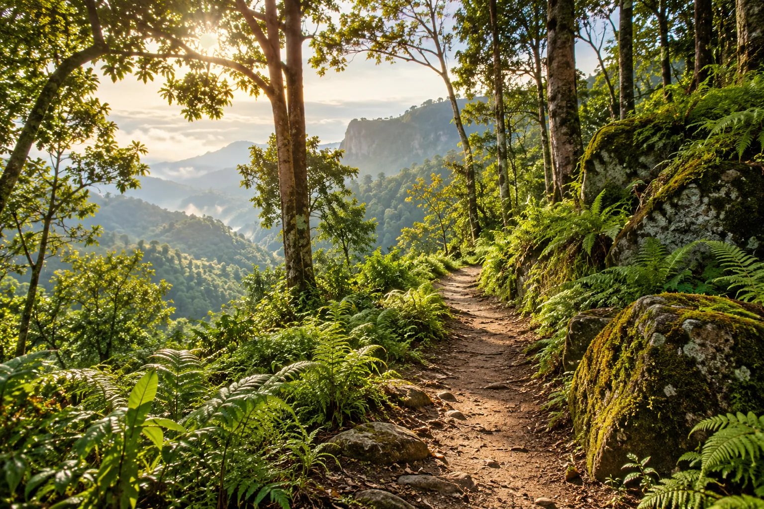 AI-generated woodland concept with a winding path, ferns, and green hills