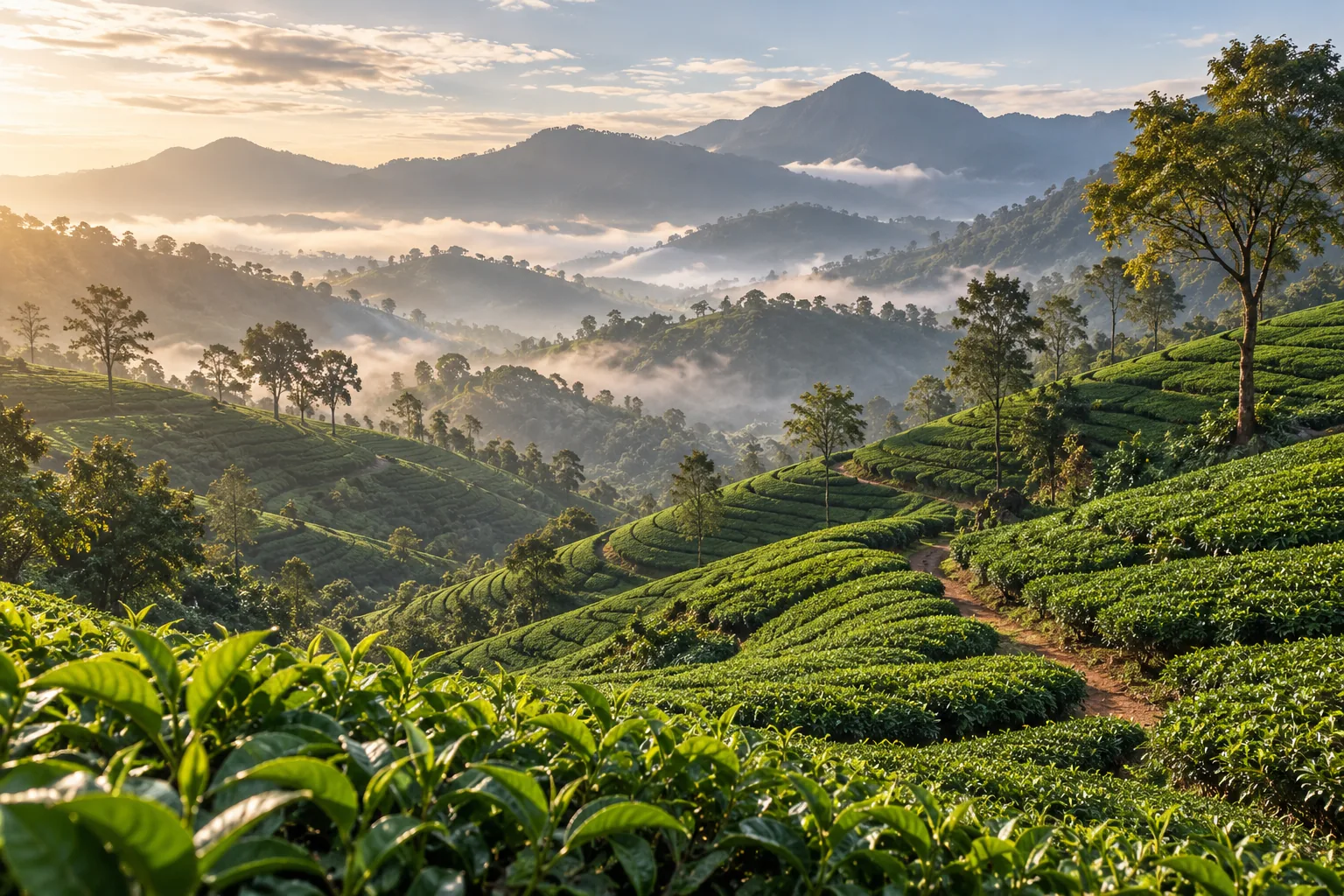 AI-generated concept of curving rows of tea bushes on green hills