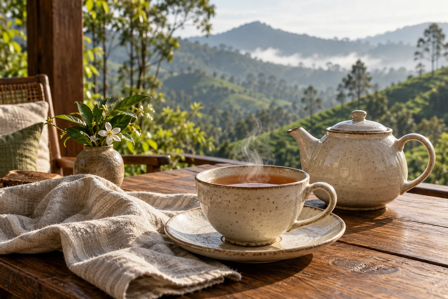 AI-generated still life of a ceramic teacup and teapot overlooking green hills