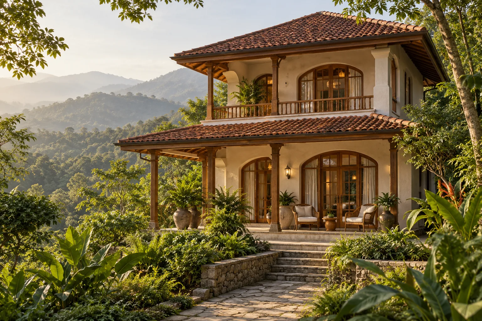 AI-generated architectural concept of a fictional ivory villa with a veranda and garden